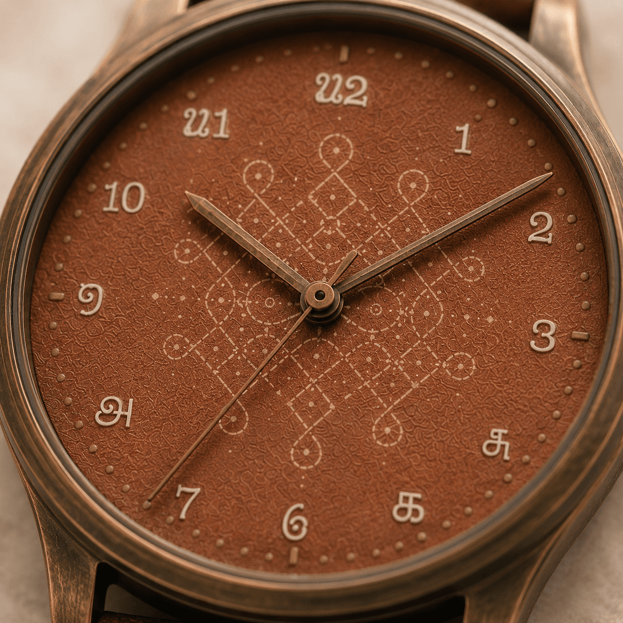 Closeup of the Padraj Kolam Earth terracotta dial with Tamil numerals and kolam-inspired geometry